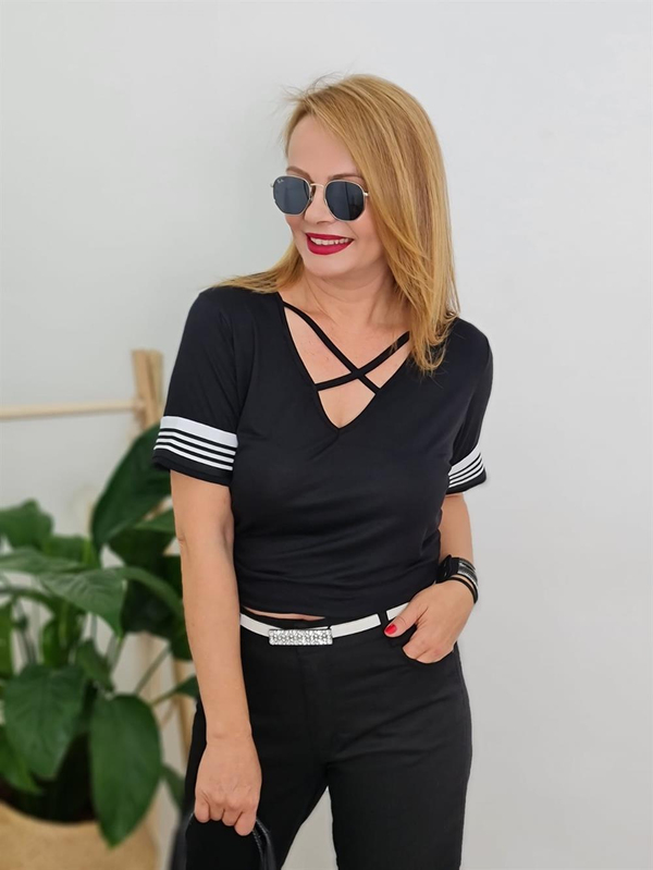 FELİX10423 Önü Çapraz Kol Ribana Siyah Tişört