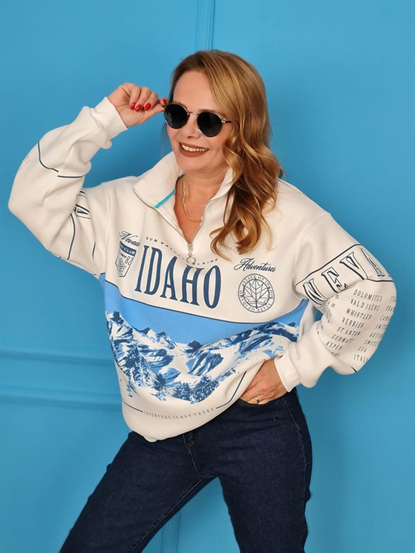 FELİX11023 Yaka Fermuarlı Mavi Baskılı  Şardonlu Krem Sweatshirt