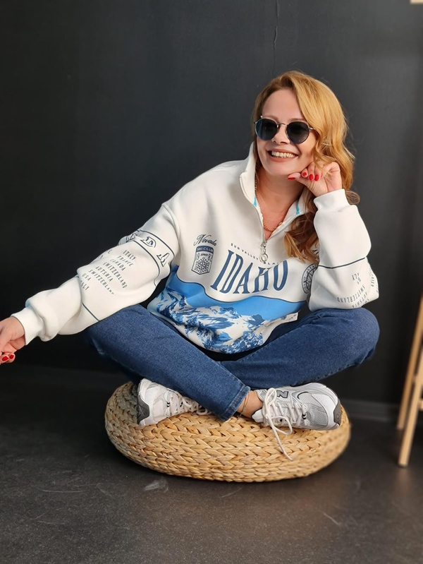 FELİX11023 Yaka Fermuarlı Mavi Baskılı  Şardonlu Krem Sweatshirt