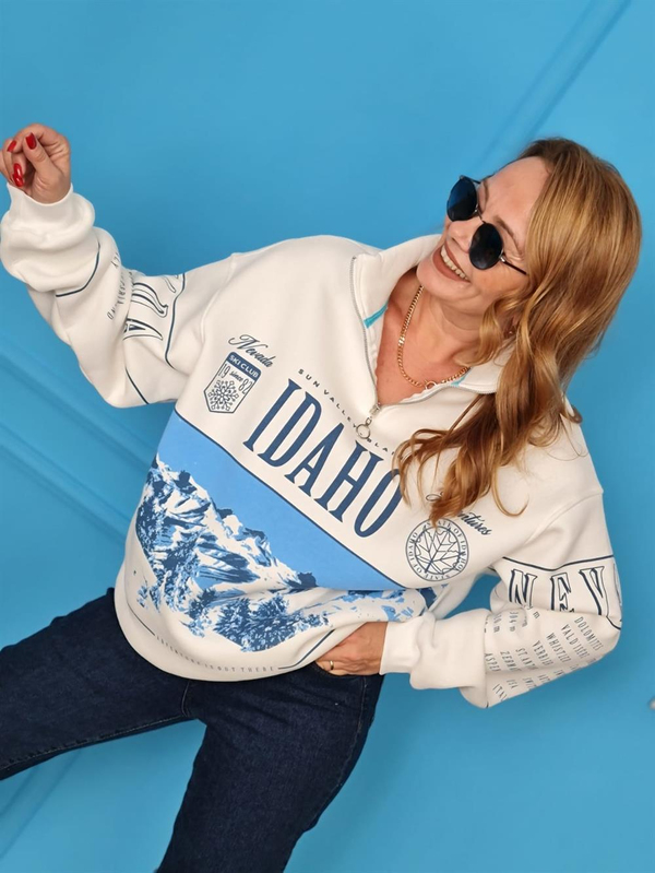 FELİX11023 Yaka Fermuarlı Mavi Baskılı  Şardonlu Krem Sweatshirt