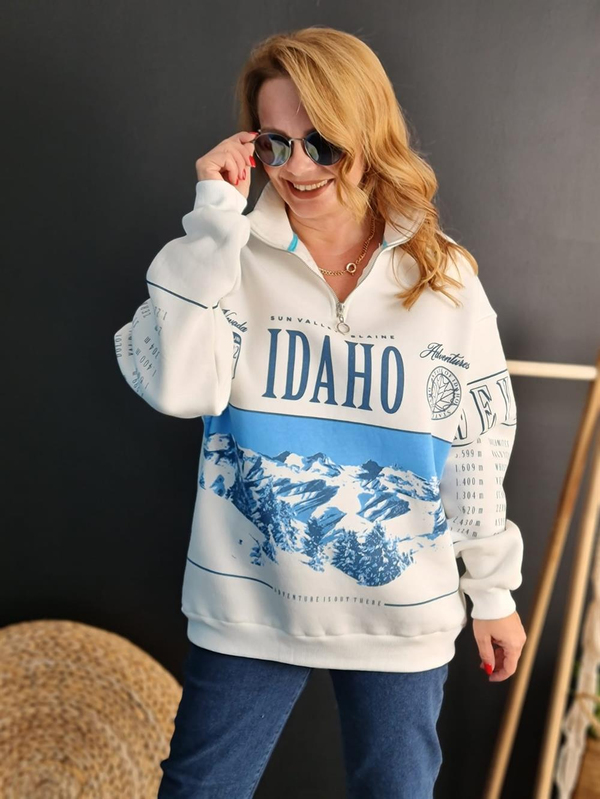 FELİX11023 Yaka Fermuarlı Mavi Baskılı  Şardonlu Krem Sweatshirt