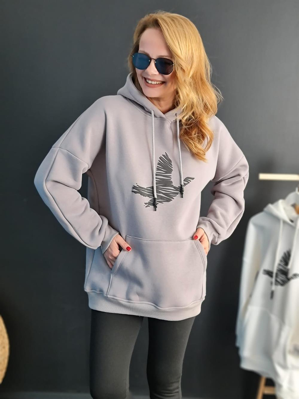 FELİX11024 Kuş Baskılı Rahat Kalıp Şardonlu Gri Sweatshirt