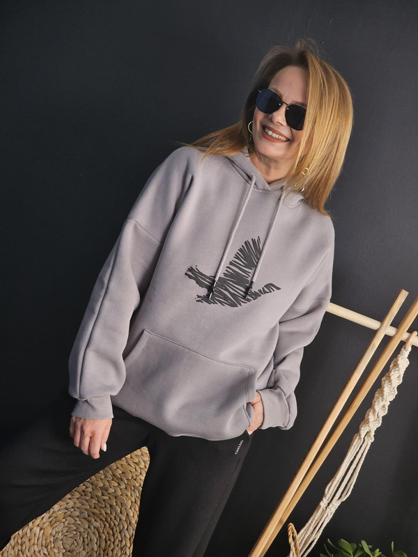FELİX11024 Kuş Baskılı Rahat Kalıp Şardonlu Gri Sweatshirt