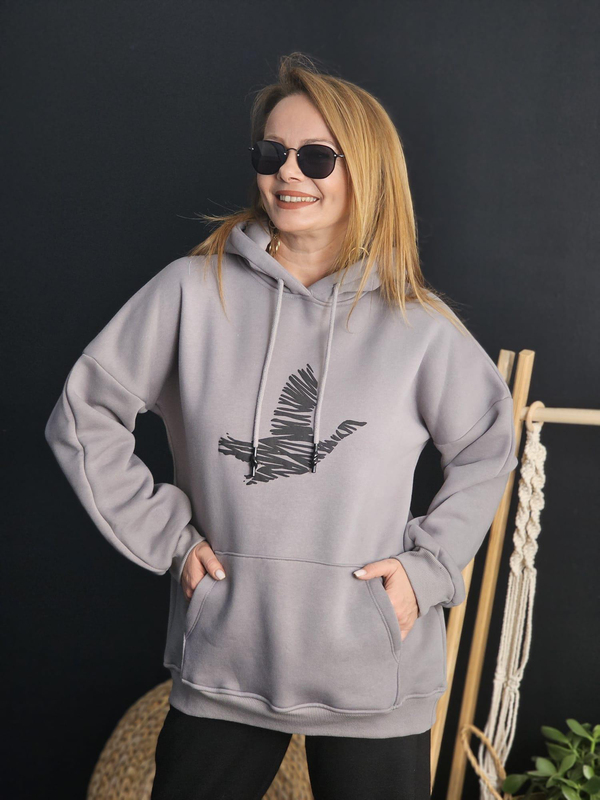 FELİX11024 Kuş Baskılı Rahat Kalıp Şardonlu Gri Sweatshirt