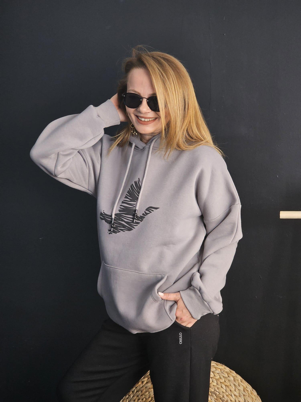 FELİX11024 Kuş Baskılı Rahat Kalıp Şardonlu Gri Sweatshirt