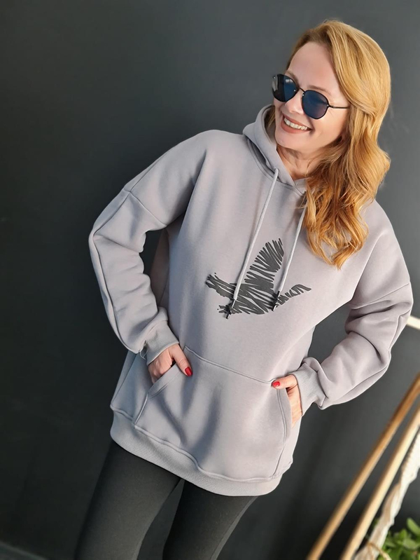 FELİX11024 Kuş Baskılı Rahat Kalıp Şardonlu Gri Sweatshirt