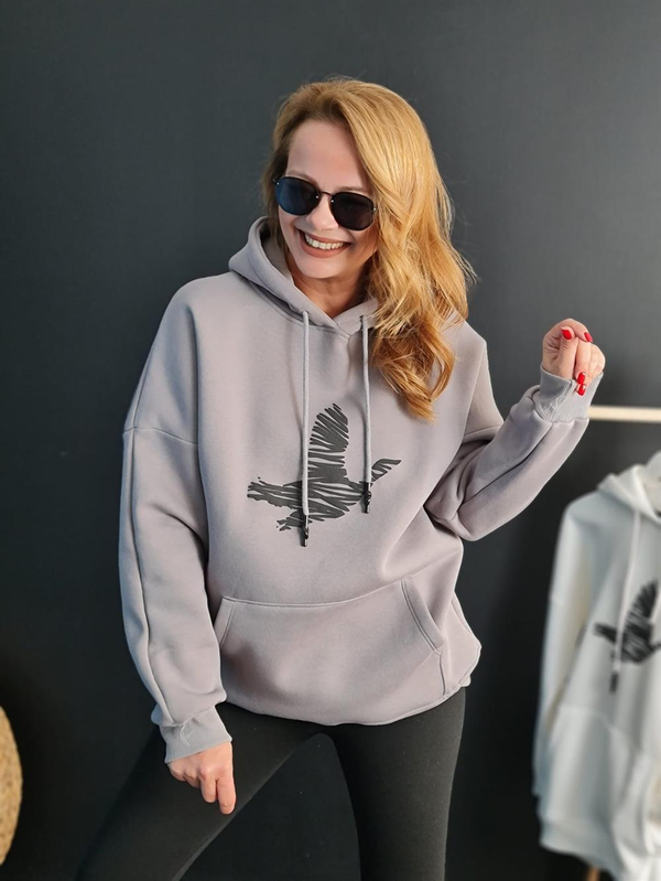 FELİX11024 Kuş Baskılı Rahat Kalıp Şardonlu Gri Sweatshirt