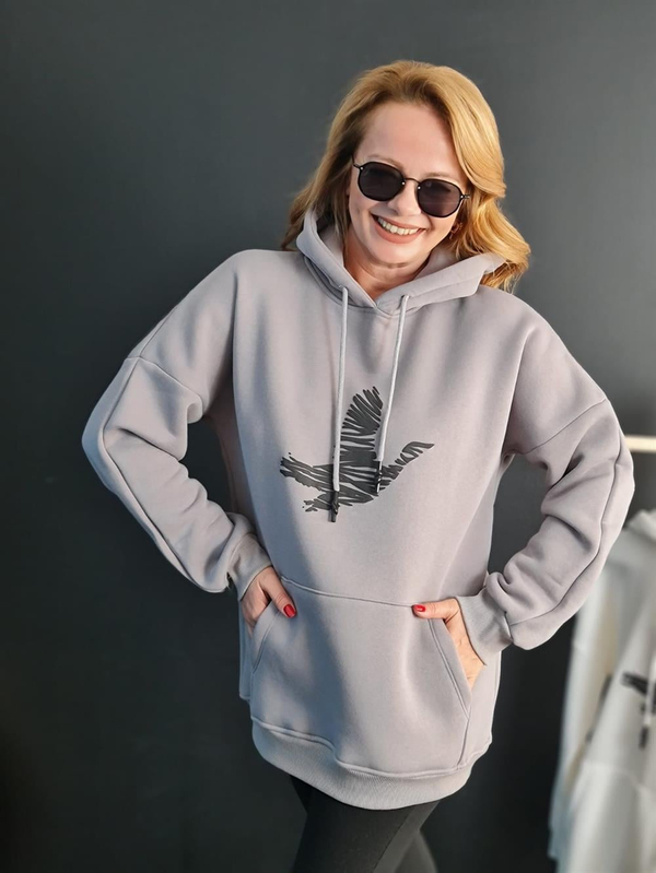 FELİX11024 Kuş Baskılı Rahat Kalıp Şardonlu Gri Sweatshirt