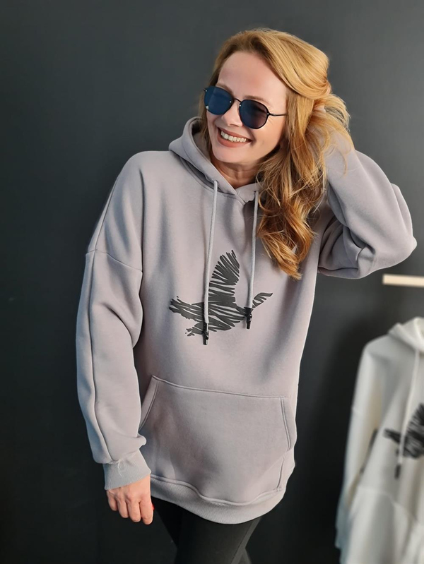 FELİX11024 Kuş Baskılı Rahat Kalıp Şardonlu Gri Sweatshirt