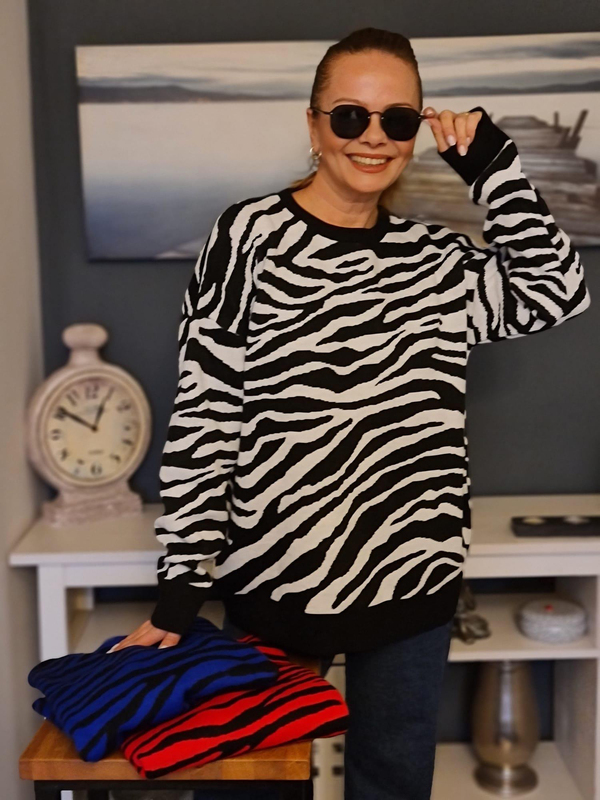 FELİX11277 Zebra Desen Siyah Triko Kazak