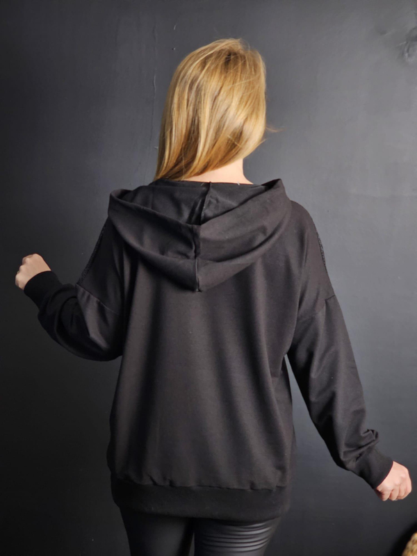 FELİX11436 Omuz Cep File Detaylı Kapüşonlu Siyah Sweatshirt