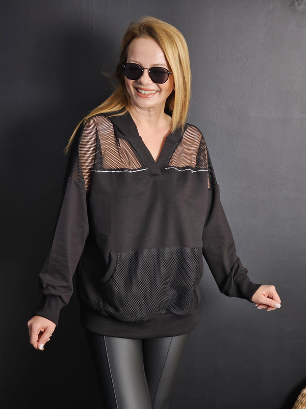 FELİX11436 Omuz Cep File Detaylı Kapüşonlu Siyah Sweatshirt