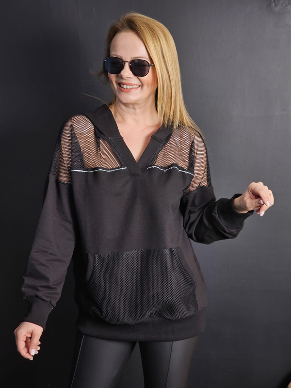 FELİX11436 Omuz Cep File Detaylı Kapüşonlu Siyah Sweatshirt