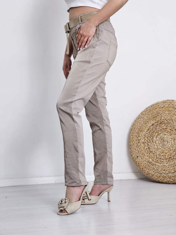 FELİX12012 Kemerli Vizon İthal Saten Pantolon