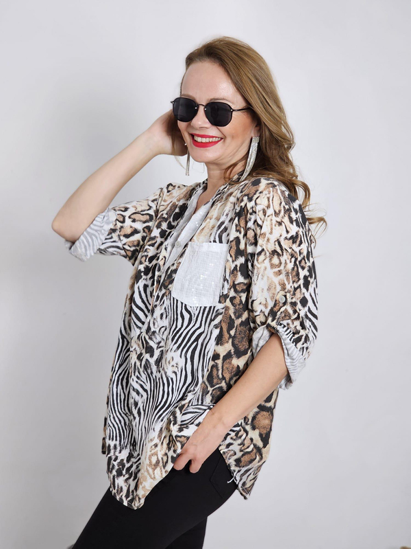 FELİX12057 Pul Detaylı Kahverengi Leopar Desenli İthal Viskon Bluz