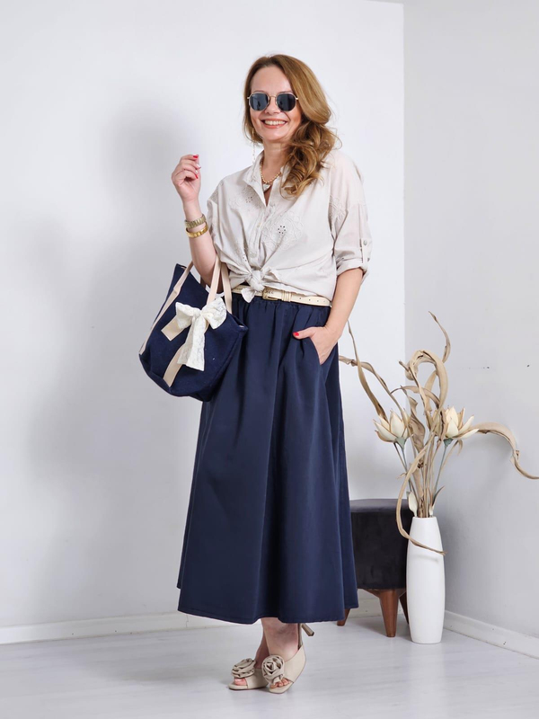 FELİX12060 Bel Lastikli Gabardin Lacivert Etek