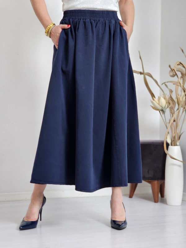 FELİX12060 Bel Lastikli Gabardin Lacivert Etek