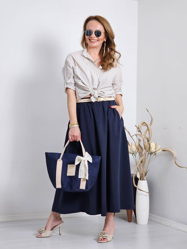 FELİX12060 Bel Lastikli Gabardin Lacivert Etek