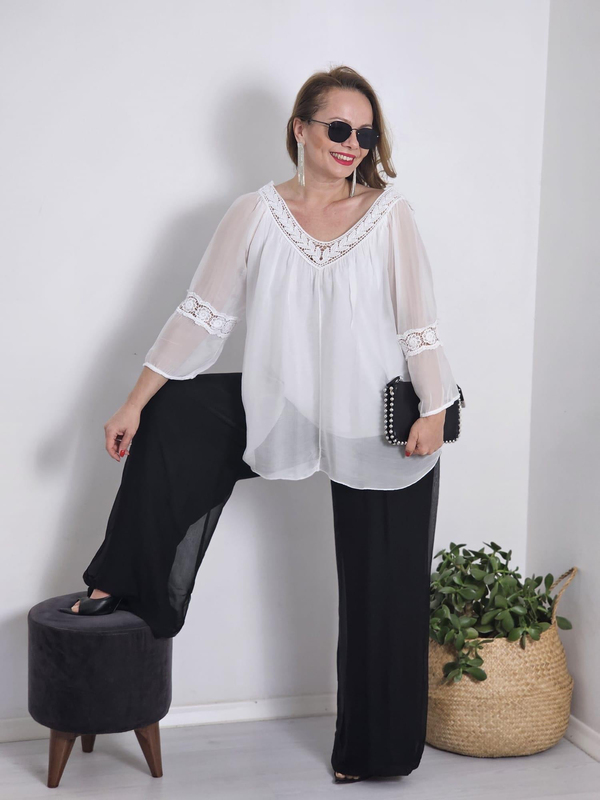 FELİX12092 V Yaka Payetli İpekli Dantelli İthal Beyaz Bluz