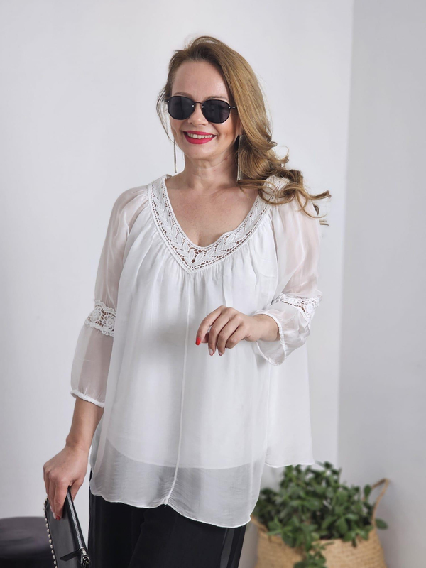FELİX12092 V Yaka Payetli İpekli Dantelli İthal Beyaz Bluz