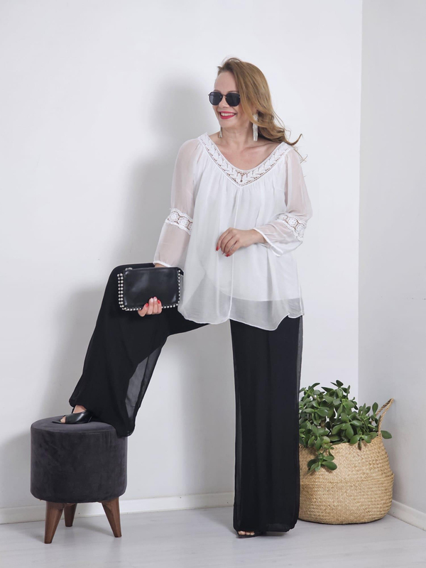 FELİX12092 V Yaka Payetli İpekli Dantelli İthal Beyaz Bluz