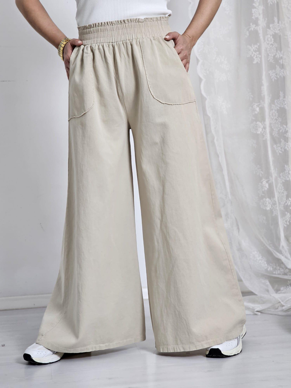FELİX12147 Bel Lastikli Palazzo Bol Paça Gabardin Bej Pantolon