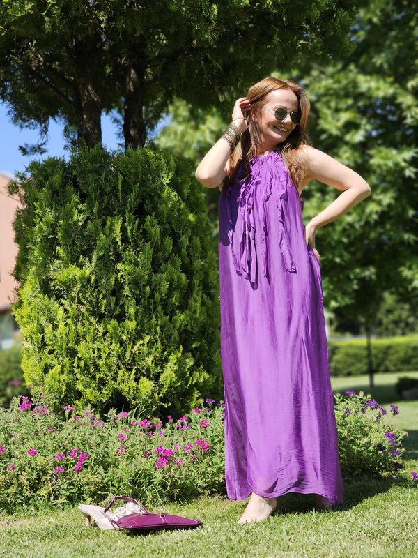 FELİX12180 Sırt Ayarlamalı Önü Fırfırlı Mor İthal İpekli Elbise