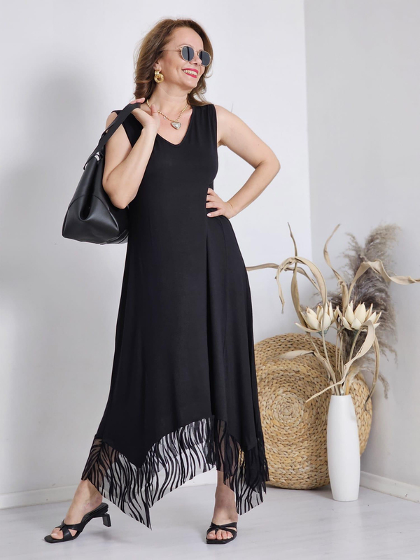 FELİX12194 Etek Ucu Zebra Desenli Siyah Kolsuz Elbise