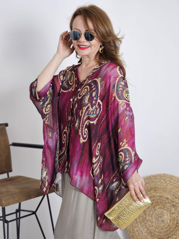 FELİX12200 Şal Desenli Atletli Bordo İthal İpekli Bluz