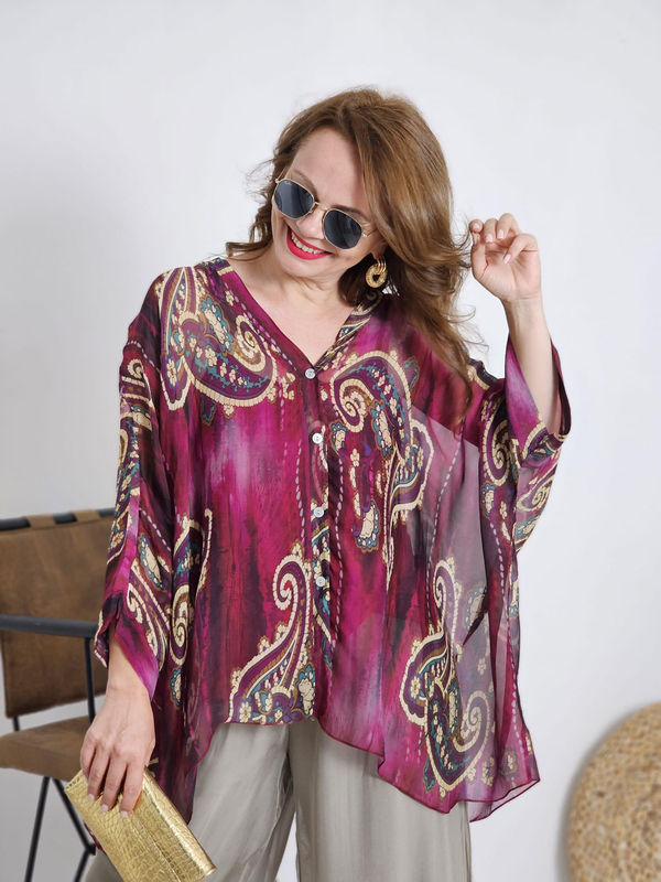 FELİX12200 Şal Desenli Atletli Bordo İthal İpekli Bluz