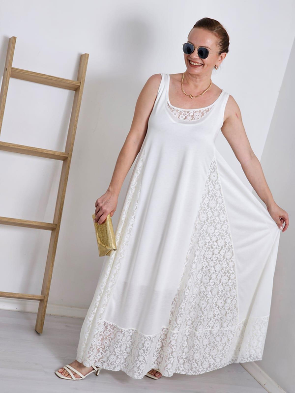 FELİX12208 Dantel Detaylı Ekru İthal  Viskon Penye Elbise
