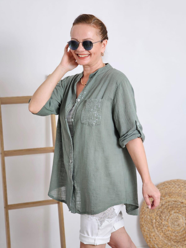 FELİX12220 Pul Detaylı Haki Yeşil İthal Cotton Bluz