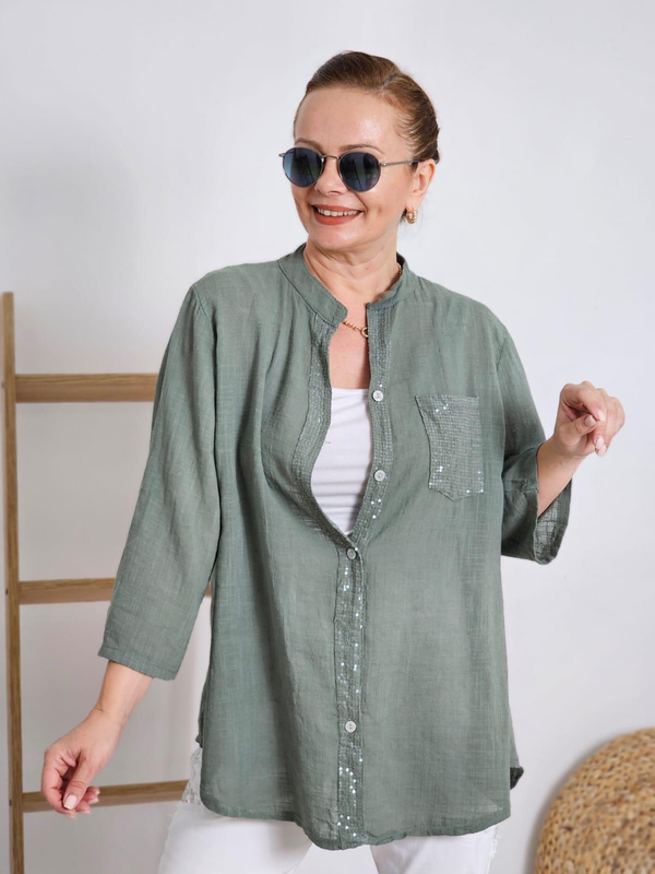 FELİX12220 Pul Detaylı Haki Yeşil İthal Cotton Bluz