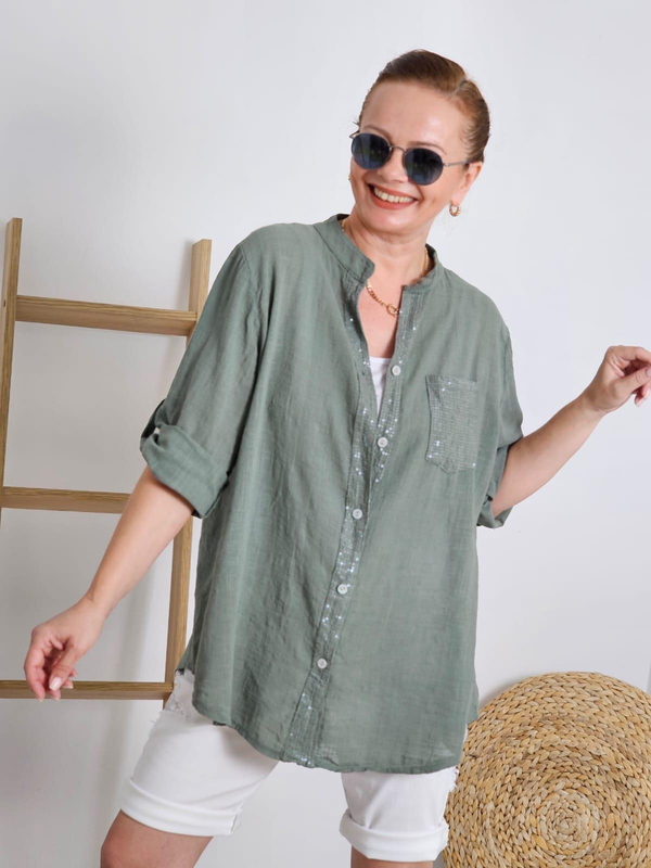 FELİX12220 Pul Detaylı Haki Yeşil İthal Cotton Bluz