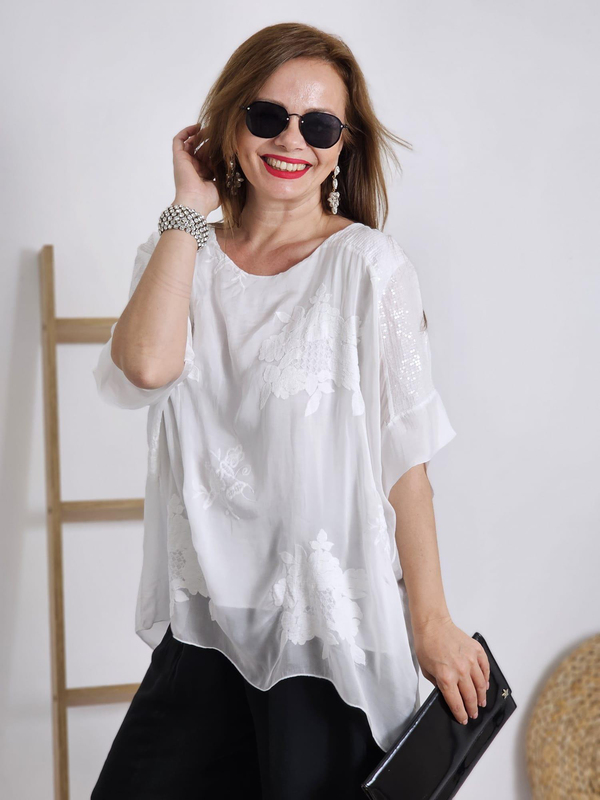 FELİX12250 Payetli İşlemeli İpekli Şifon İthal Beyaz Bluz