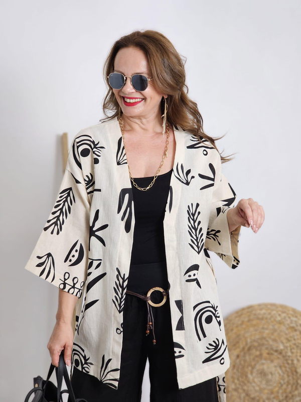 FELİX12283 Siyah Büyük Yaprak Desenli Bej Kimono Ceket