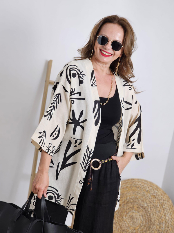 FELİX12283 Siyah Büyük Yaprak Desenli Bej Kimono Ceket