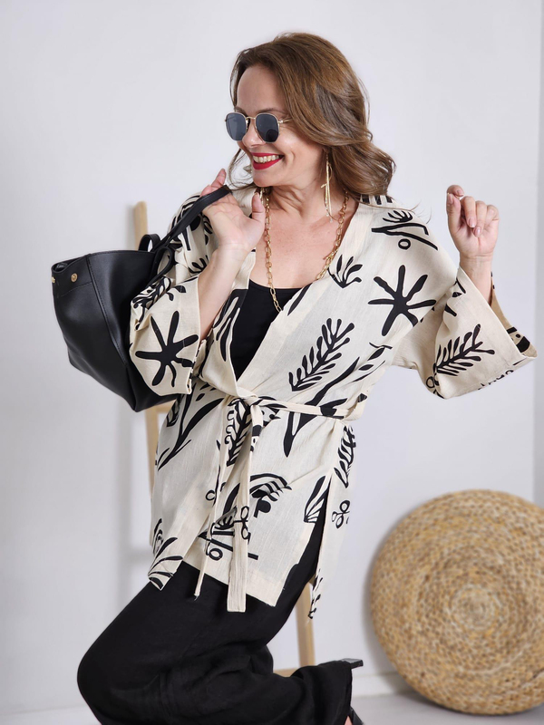FELİX12283 Siyah Büyük Yaprak Desenli Bej Kimono Ceket