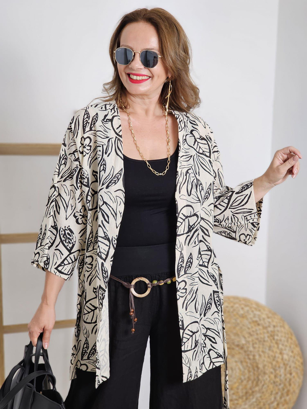 FELİX12284 Siyah Küçük Yaprak Desenli Bej Kimono Ceket