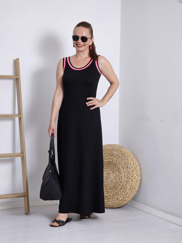 FELİX12325 Neon Pembe Şeritli Kalın Askılı Siyah Elbise