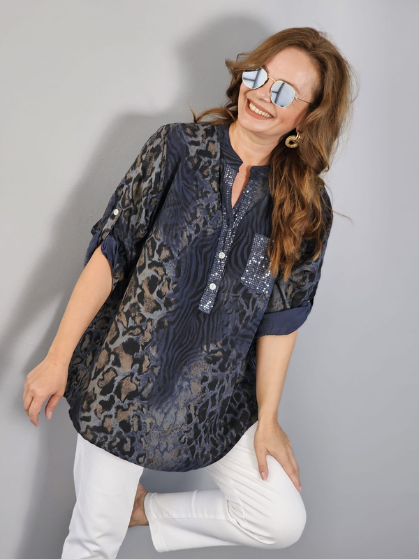 FELİX12361 Yaka Cep Pul Detaylı Leopar Desenli Gri İthal Bluz