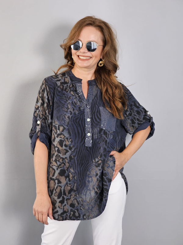 FELİX12361 Yaka Cep Pul Detaylı Leopar Desenli Gri İthal Bluz