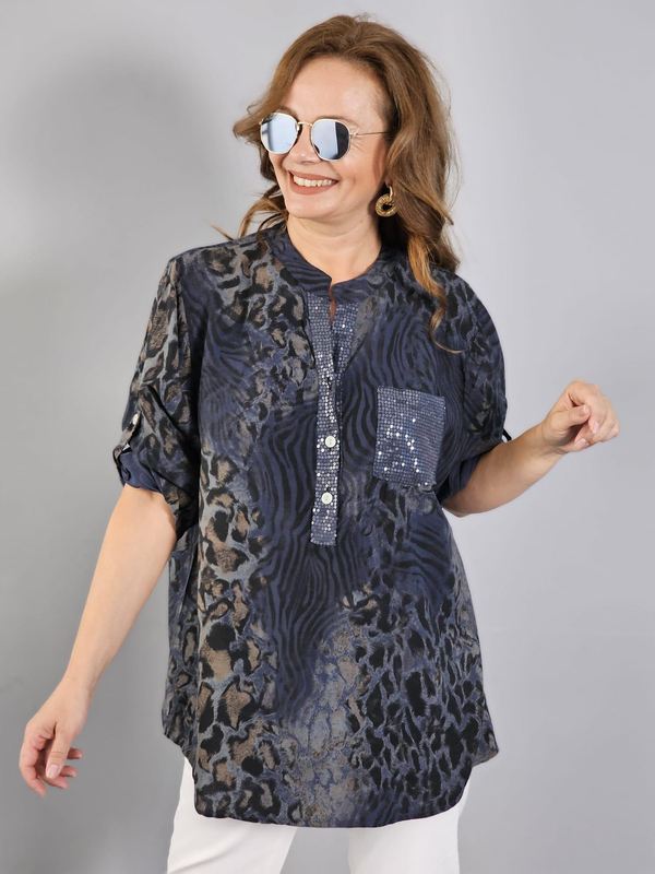 FELİX12361 Yaka Cep Pul Detaylı Leopar Desenli Gri İthal Bluz
