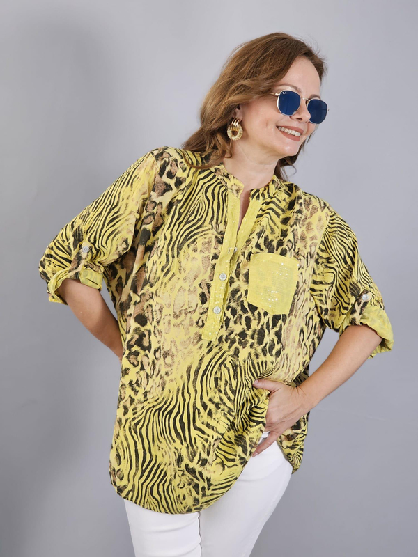 FELİX12363 Yaka Cep Pul Detaylı Leopar Desenli Sarı İthal Bluz