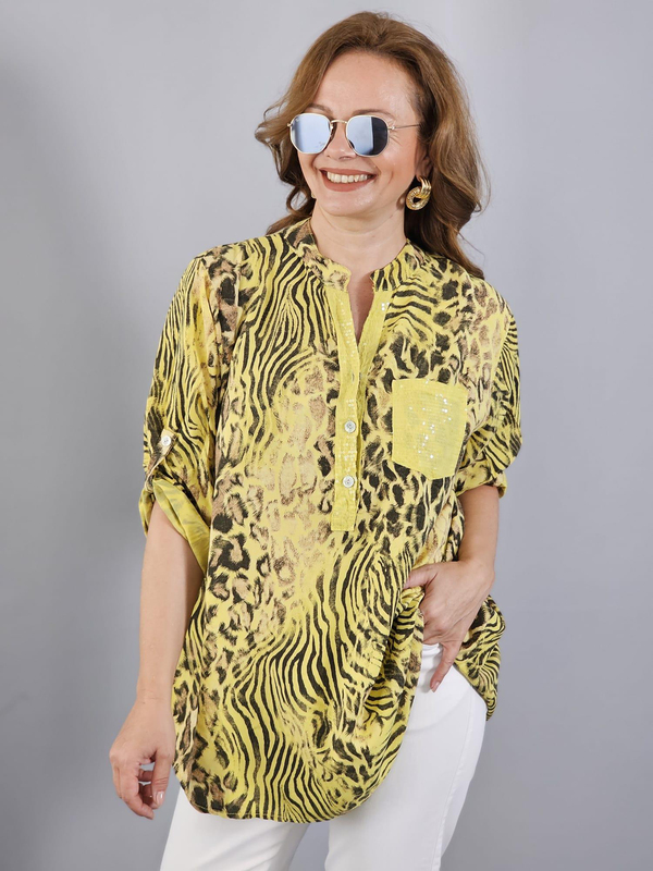 FELİX12363 Yaka Cep Pul Detaylı Leopar Desenli Sarı İthal Bluz