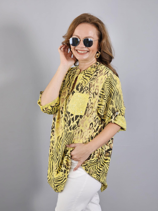 FELİX12363 Yaka Cep Pul Detaylı Leopar Desenli Sarı İthal Bluz