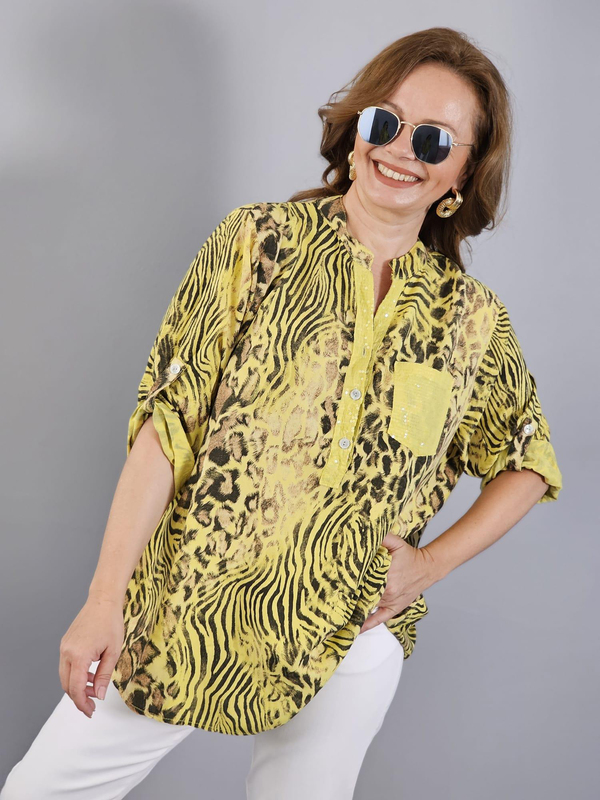 FELİX12363 Yaka Cep Pul Detaylı Leopar Desenli Sarı İthal Bluz