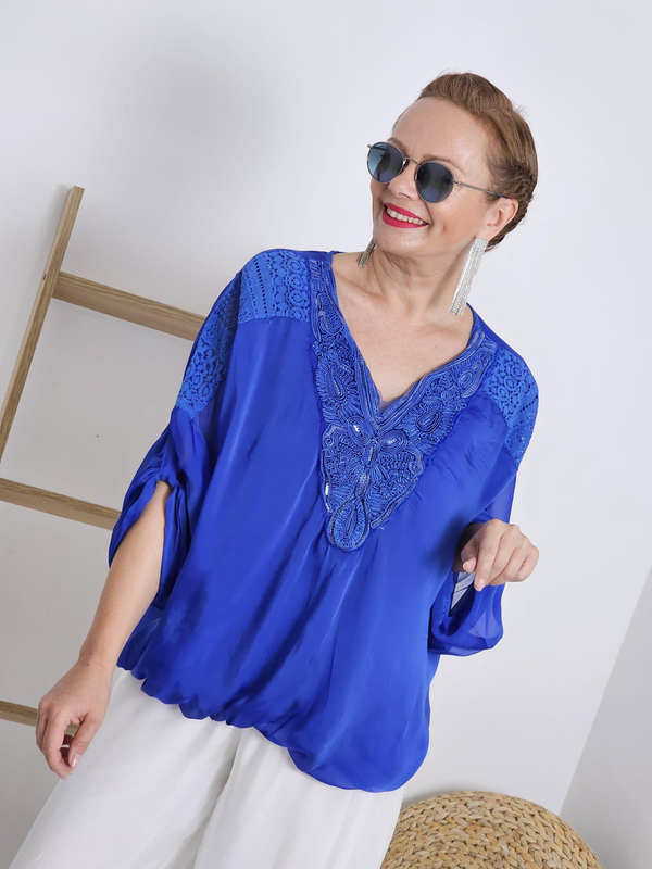 FELİX12381 Etek Ucu Lastikli Payetli Saks İthal İpekli Bluz