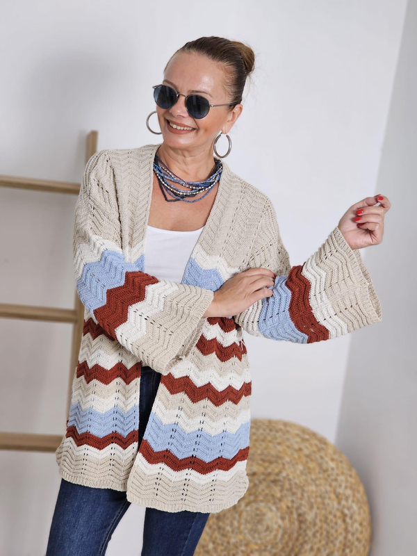 FELİX12384 Zigzag Desenli Mavi Kiremit Bej Hırka