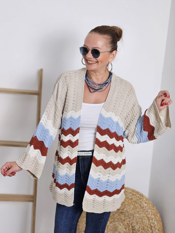 FELİX12384 Zigzag Desenli Mavi Kiremit Bej Hırka